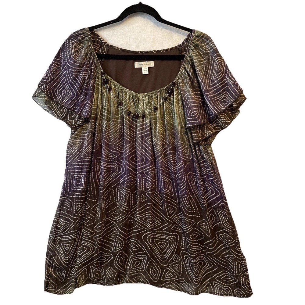 Dressbarn Flutter Sleeve Colorful Purple‎ Green Tunic Blouse Beaded Plus 18/20